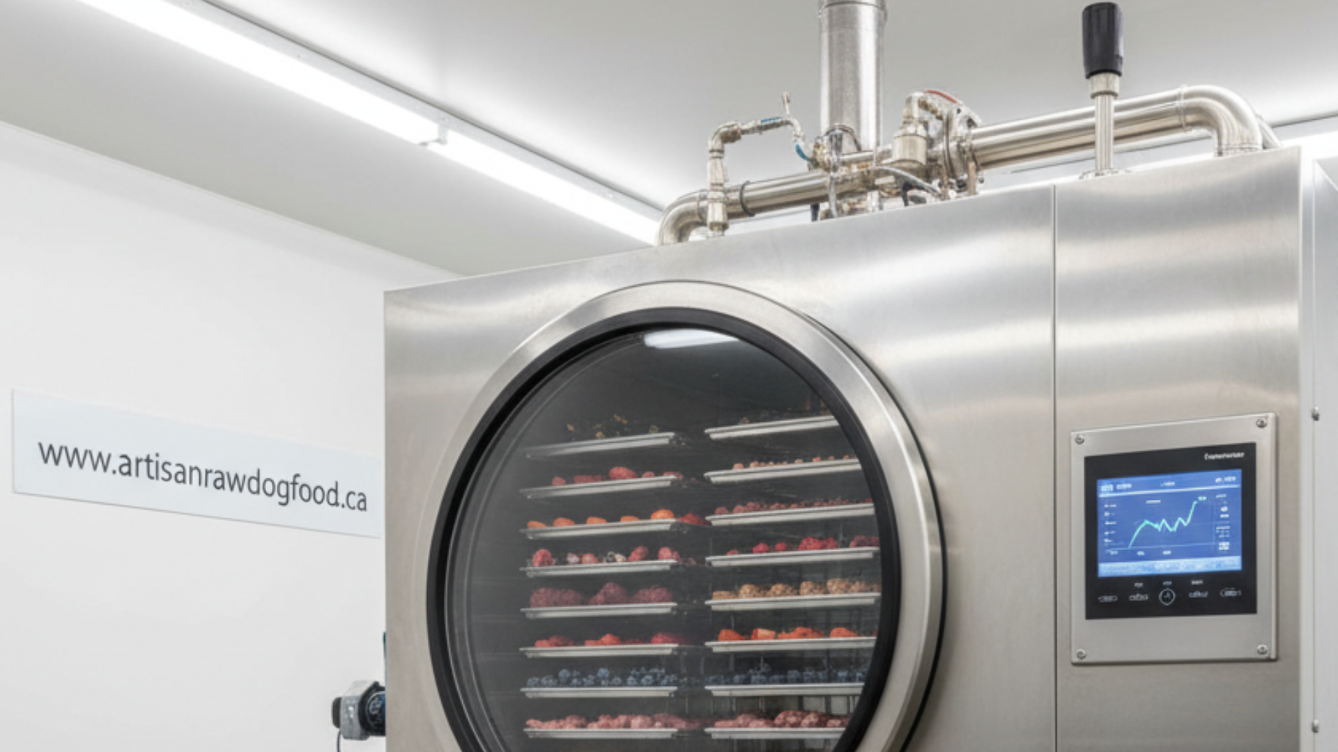 An industrial freeze-drying machine with trays of raw food inside, at the Artisan Raw facility.