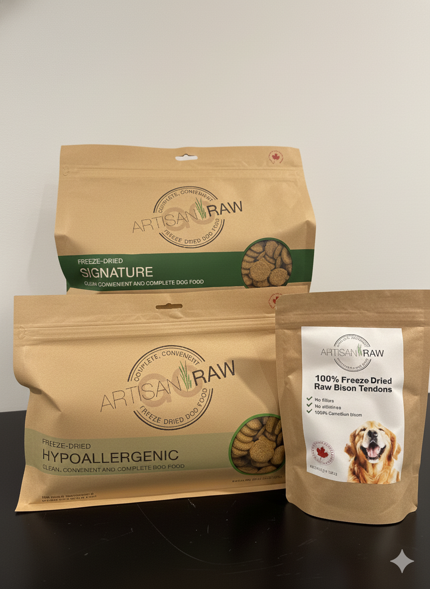 Artisan Raw Signature and Hypoallergenic freeze-dried dog food bags with a Bison Tendons treat bag, displayed on a dark surface.
