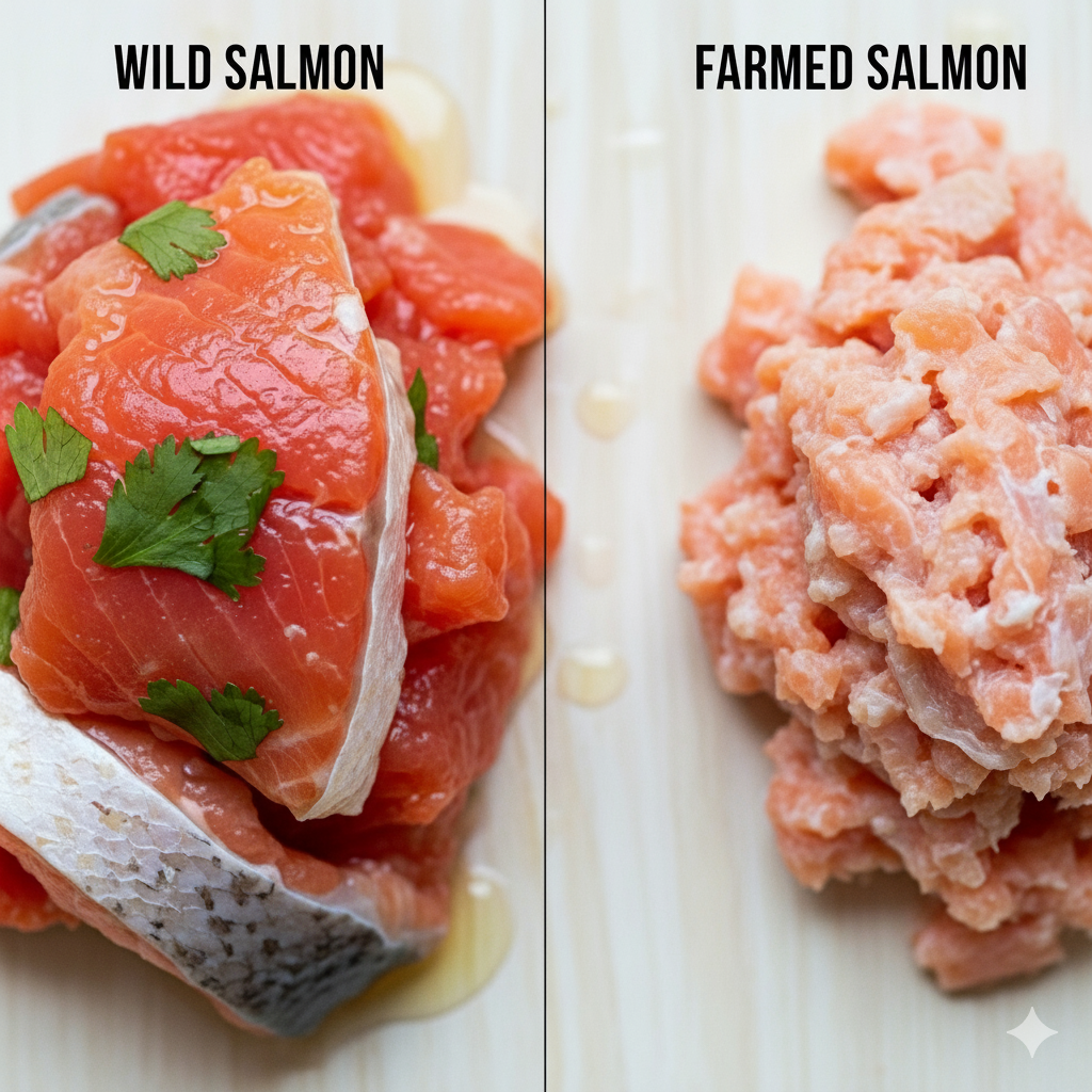a pciture showing the difference in texture and colour of wild vs farmed salmon