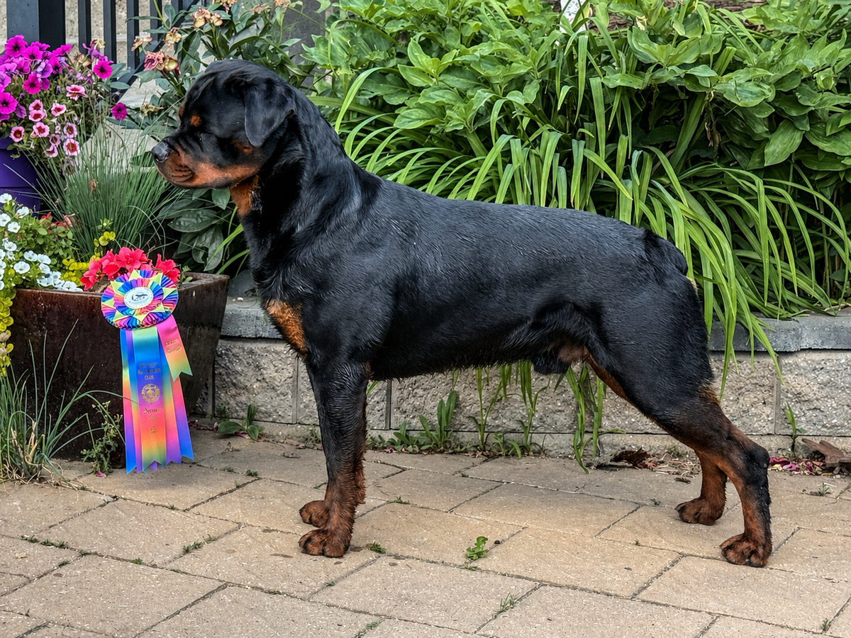 Xavier the Rottweiler, a titled Canadian show dog, in a show-stack pose beside a rosette ribbon