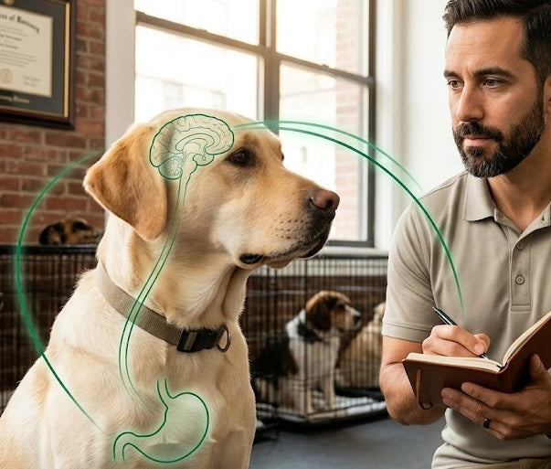 Illustration of a dog's brain-gut connection overlaid on a Labrador, with a trainer taking notes nearby.