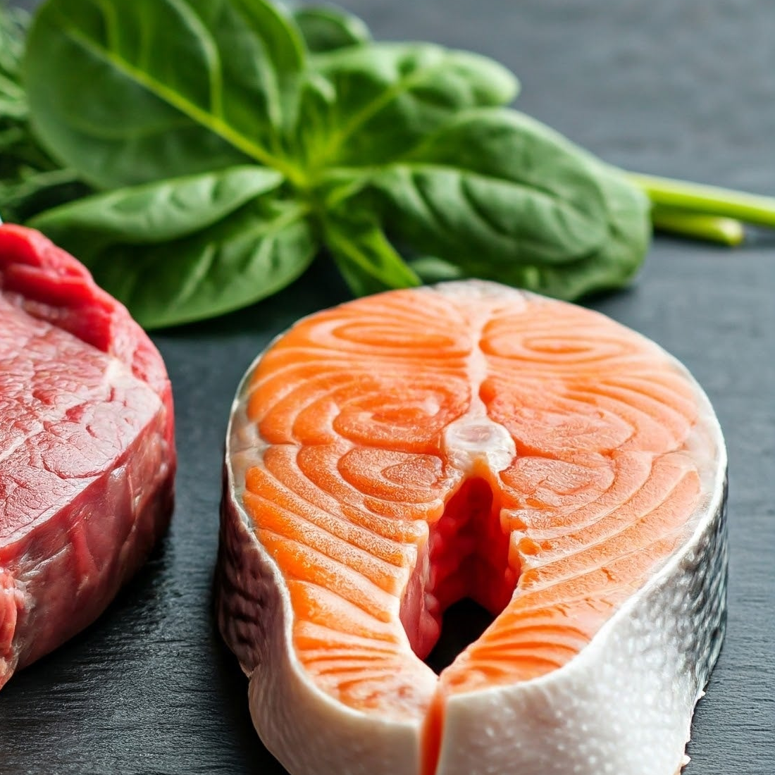 Raw steak, salmon fillet, on a dark surface with spinach.
