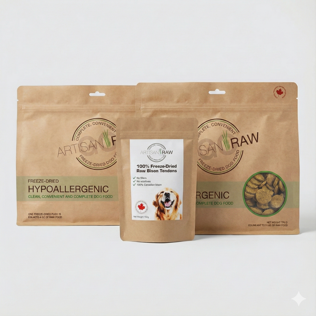Two Artisan Raw Hypoallergenic freeze-dried dog food bags and a bag of Bison Tendons treats displayed together on a plain background.