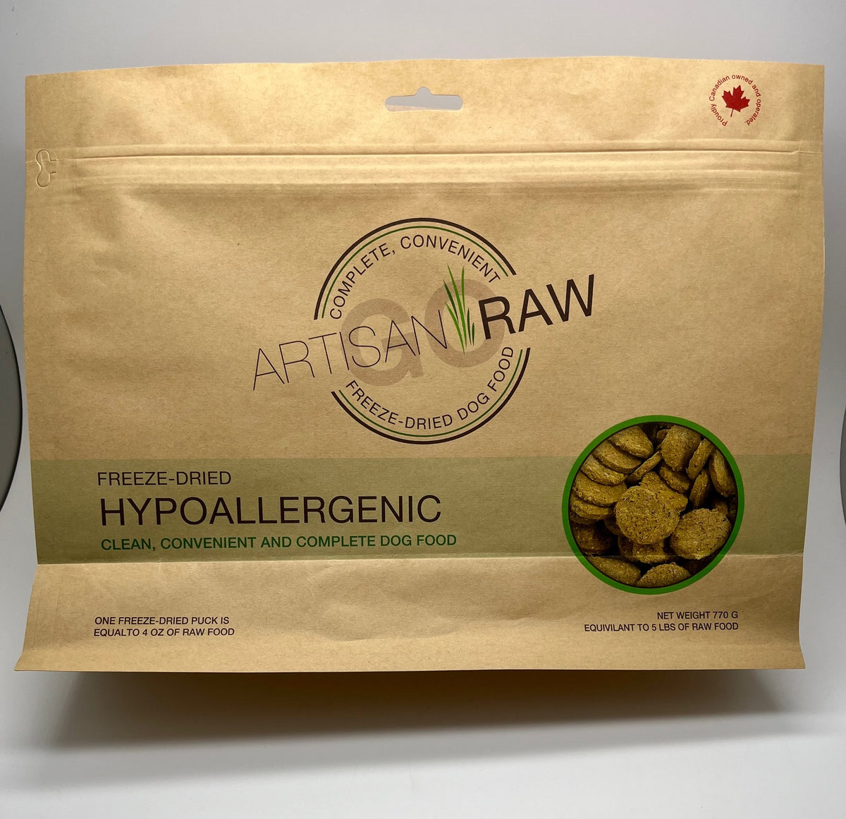 Artisan Raw GO! sampler box featuring freeze-dried hypoallergenic dog food with brown packaging and kibble visible.