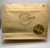 Artisan Raw GO! sampler box featuring freeze-dried hypoallergenic dog food with brown packaging and kibble visible.