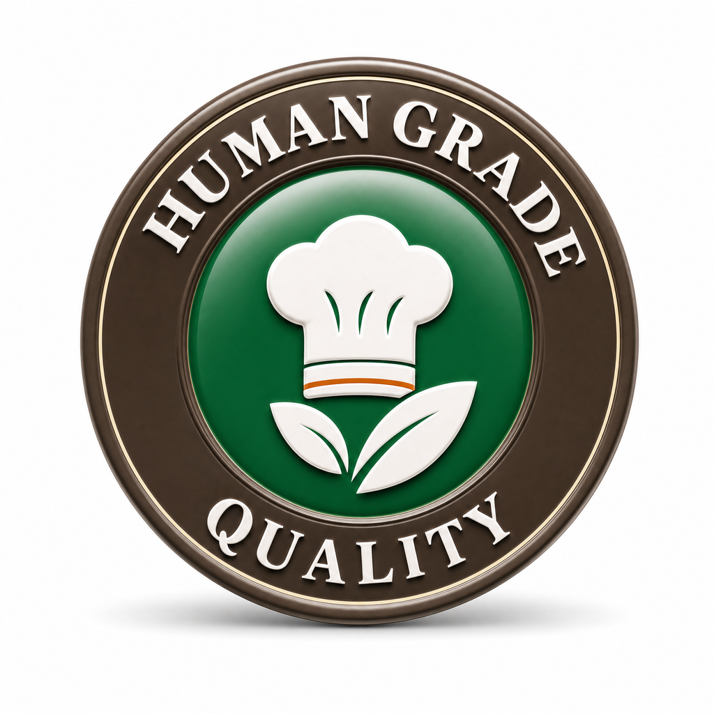 Human Grade Quality trust badge with chef hat and leaf icon