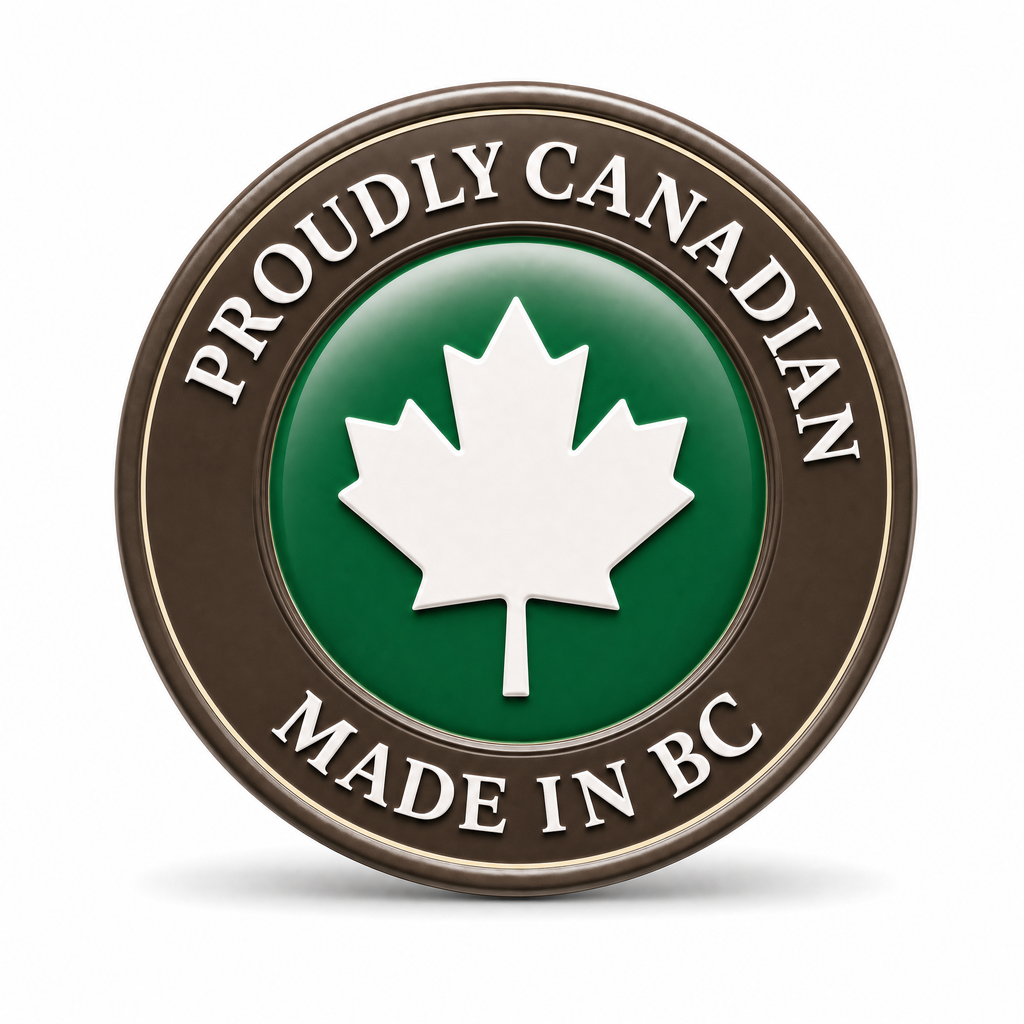Proudly Canadian, Made in BC trust badge with maple leaf icon