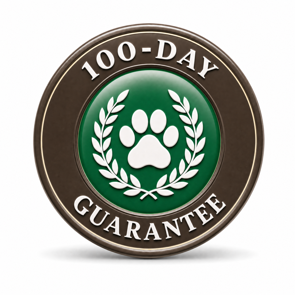 100-Day Guarantee trust badge with paw print and laurel wreath icon
