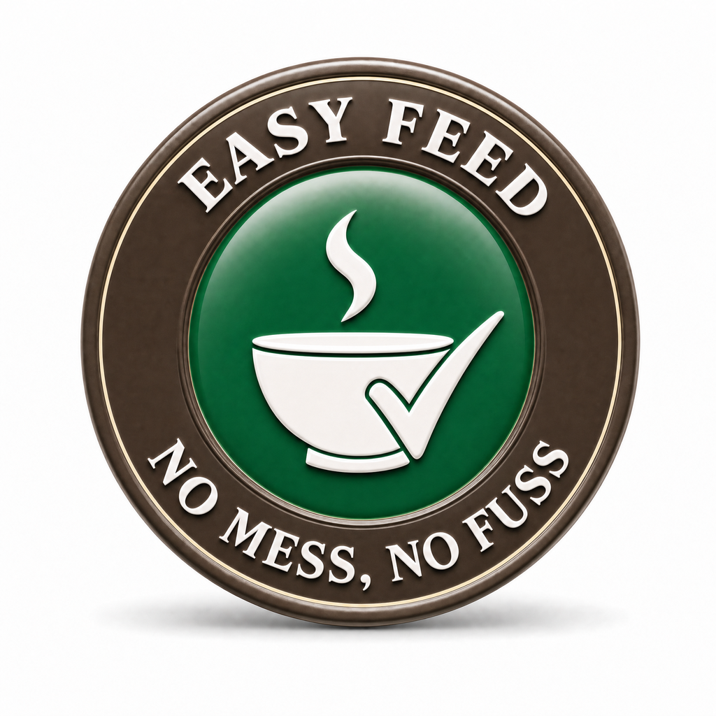 Easy Feed, No Mess No Fuss trust badge with bowl, steam, and checkmark icon