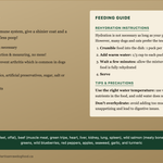Artisan Raw Freeze-Dried Signature feeding guide tile: rehydration instructions (crumble 1 puck per 10 lbs, add 1/3 cup warm water per puck, wait 2-3 minutes, serve), water temperature tips, key benefits, and full ingredient list.