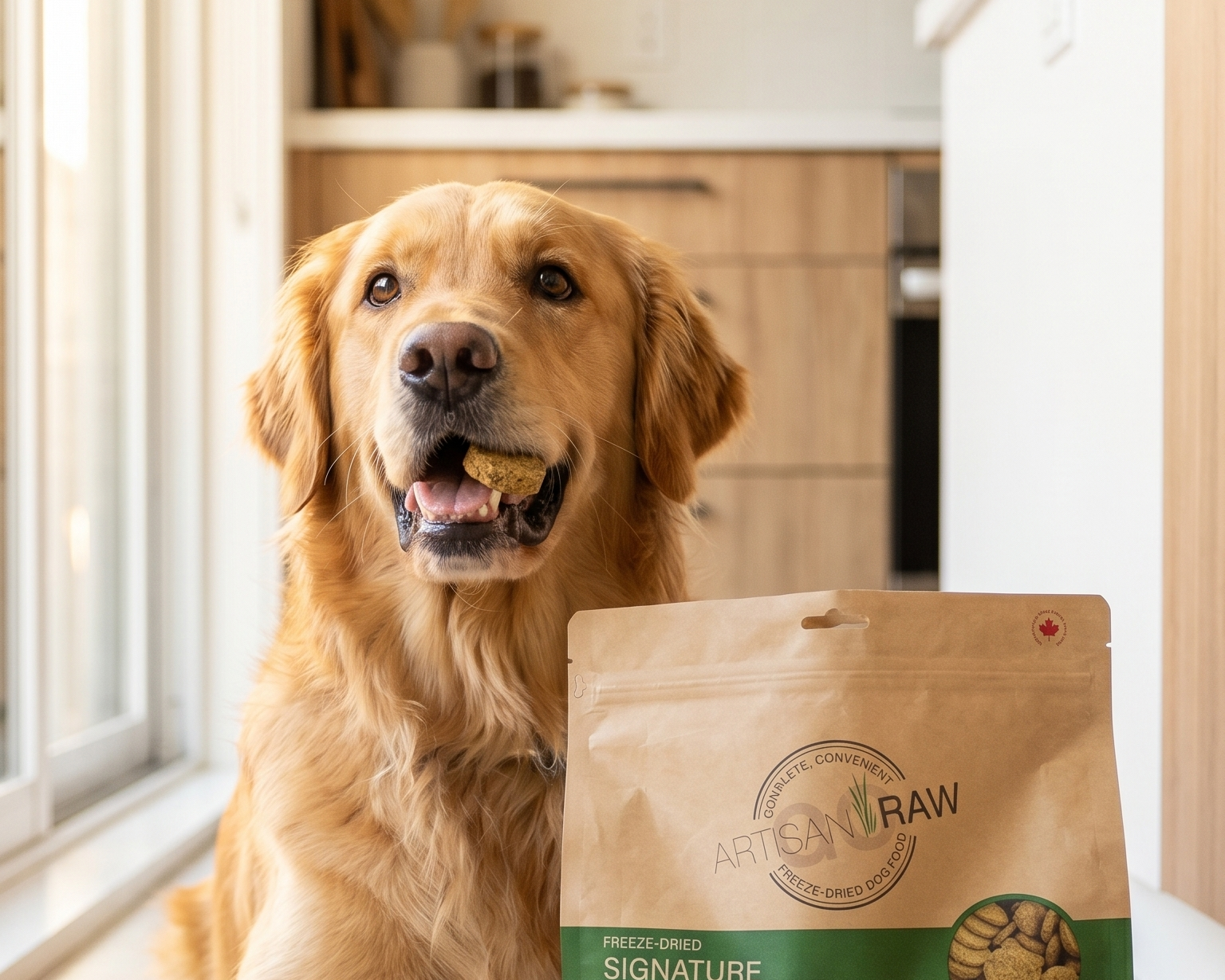 Golden retriever, eating a bag of Artisan Raw dog food freeze dried in a white kitchen
