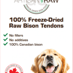 Bison tendons treats package featuring a golden retriever, with Canadian flag and weight of 130 grams displayed.