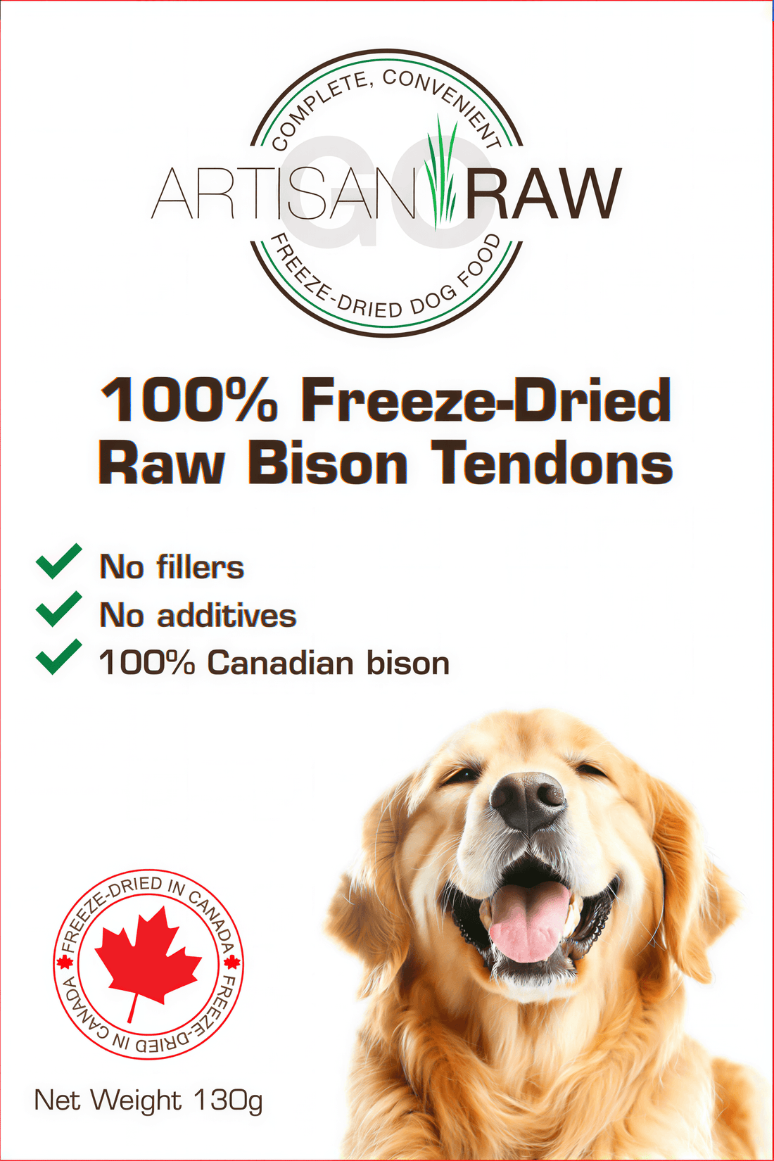 Bison tendons treats package featuring a golden retriever, with Canadian flag and weight of 130 grams displayed.