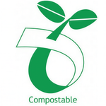 Compostable packaging logo featuring a green seedling icon, indicating eco-friendly materials used by Artisan Raw.