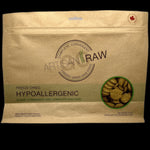 Hypoallergenic meal 5 lbs raw eq. in a brown, resealable bag with green text and a circular window showing round freeze-dried pucks.