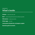 Artisan Raw Freeze-Dried Signature ingredients: chicken (meaty bones, feet, offal), beef (muscle meat, green tripe, heart, liver, kidney, lung, spleen), wild salmon (meaty bone and skin), whole eggs with shell, leafy greens, blueberries, red peppers, apples, seaweed, garlic, and turmeric.