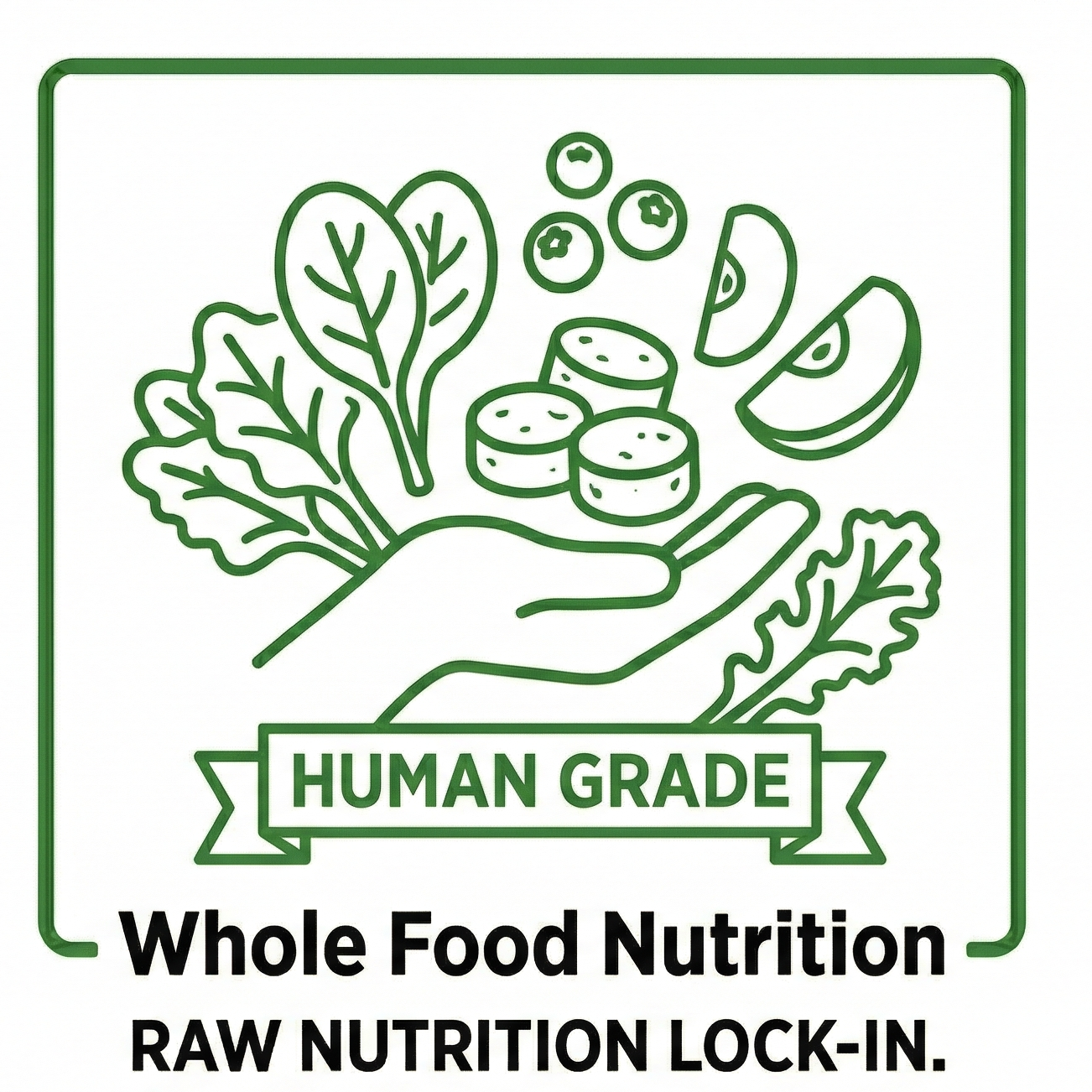 Logo for Whole Food Nutrition with a hand holding food and text about raw nutrition lock-in.